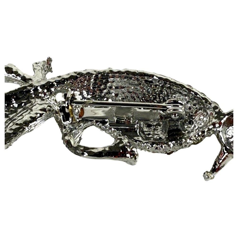 Rhinestone Bird On Tree Branch Brooch Pin With Red Eye & Silver Finish - Picture 5 of 7